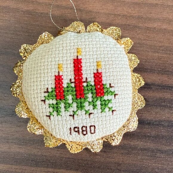 Vintage 1980 Cross-Stitch Christmas Ornaments Set Of 3 Gold Trim Candle Angel Tr - Picture 3 of 9